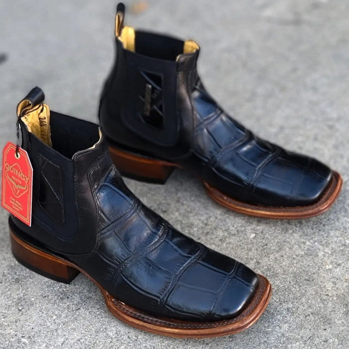 Caiman Belly Print Leather Square Toe Boots