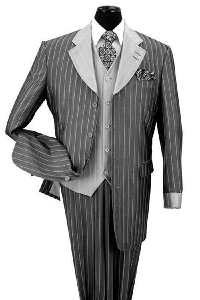 Mens 4 Button Vested Contrast Collar Fashion Pinstripe Suit in Black