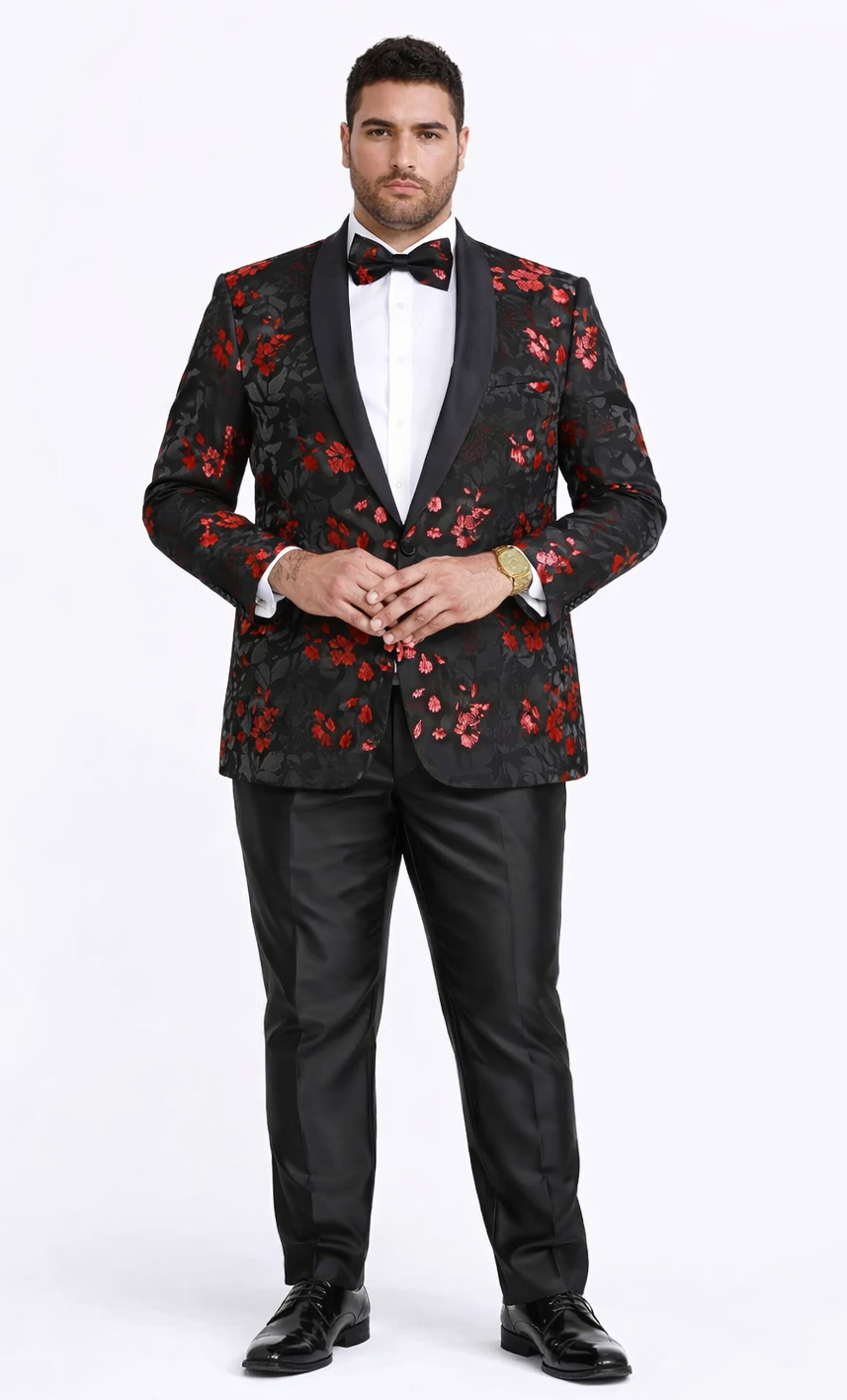Red and Black Tuxedo Jacket Floral Pattern Slim Fit - Wedding - Prom
