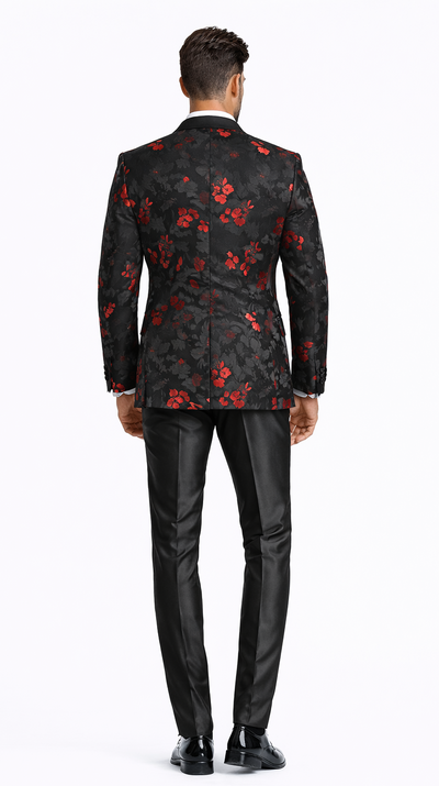 Red and Black Tuxedo Jacket Floral Pattern Slim Fit - Wedding - Prom