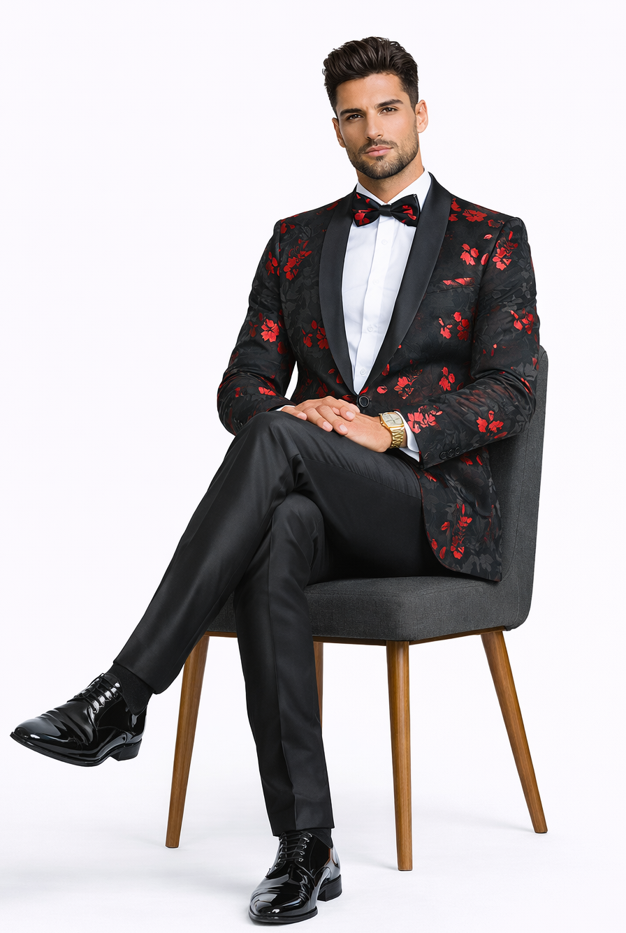 Red and Black Tuxedo Jacket Floral Pattern Slim Fit - Wedding - Prom