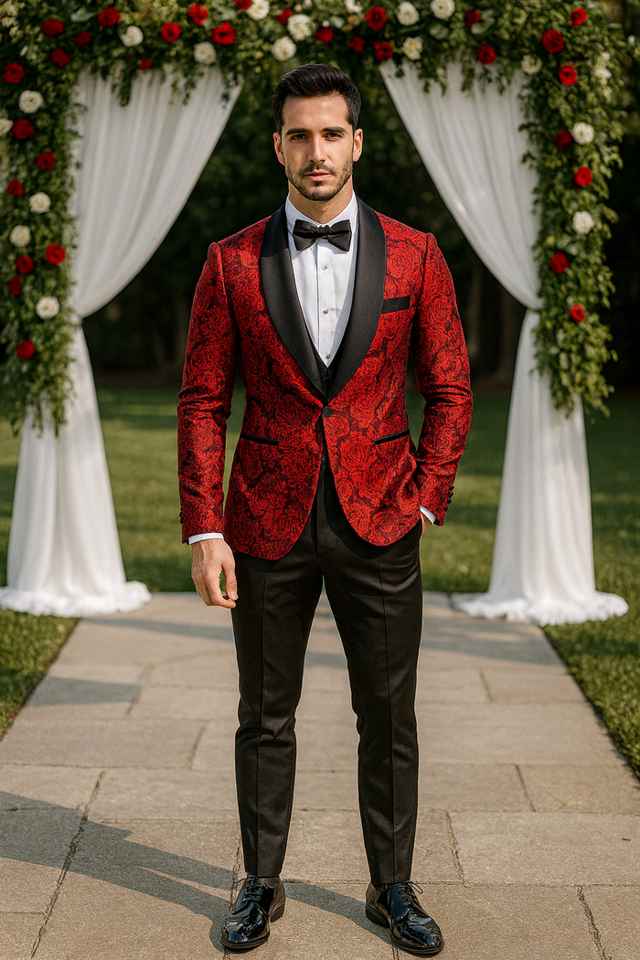 Red Floral Tuxedo with Shawl Lapel – 4 Piece Slim Fit Set