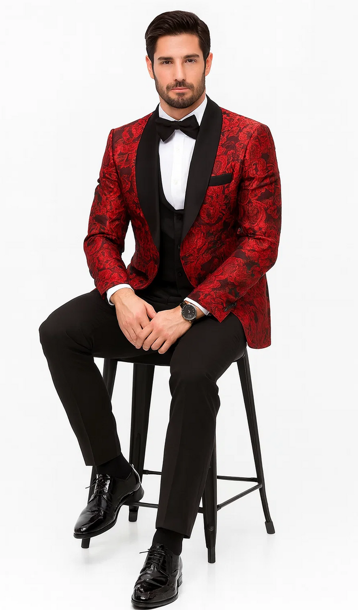 Red Floral Tuxedo with Shawl Lapel – 4 Piece Slim Fit Set