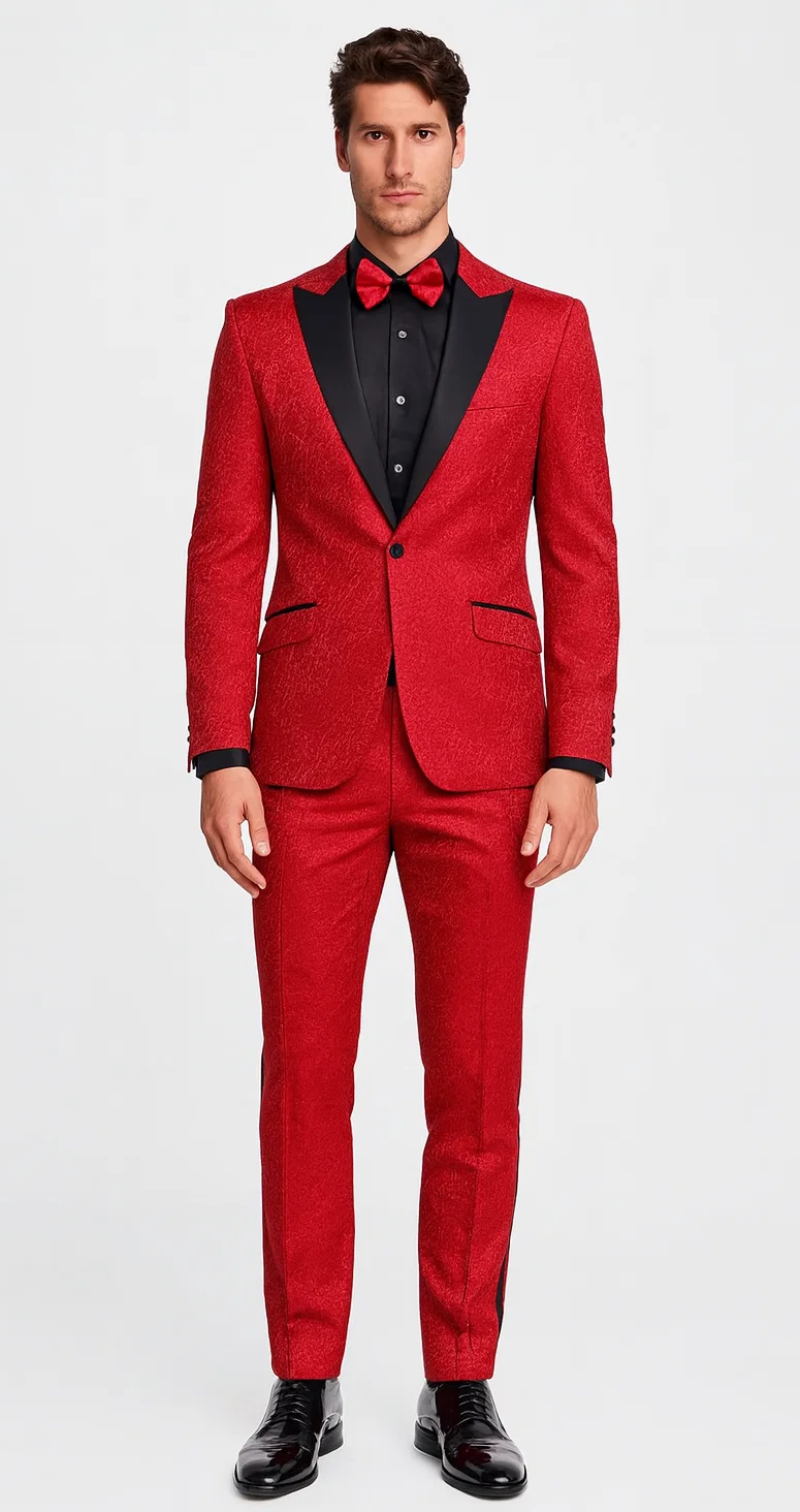 Red Paisley Slim Fit Tuxedo 3-Piece Set – Wedding & Prom