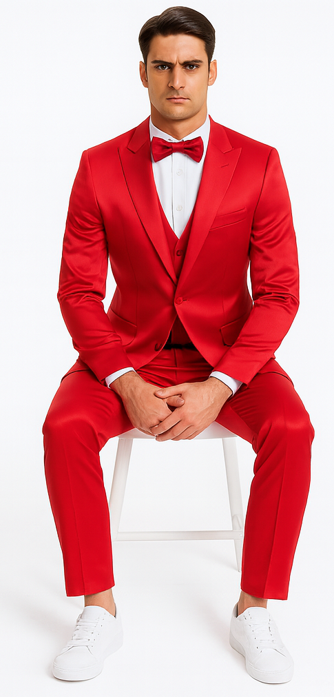 Tazzio Men's Formal Red Satin 3 Piece Slim Fit Suit with Peak Lapel – Modern