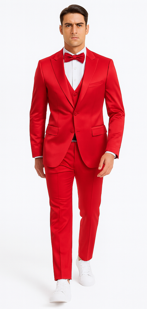 Tazzio Men's Formal Red Satin 3 Piece Slim Fit Suit with Peak Lapel – Modern