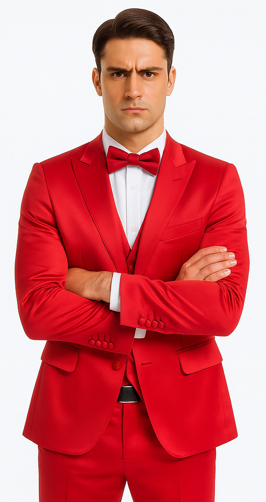 Tazzio Men's Formal Red Satin 3 Piece Slim Fit Suit with Peak Lapel – Modern