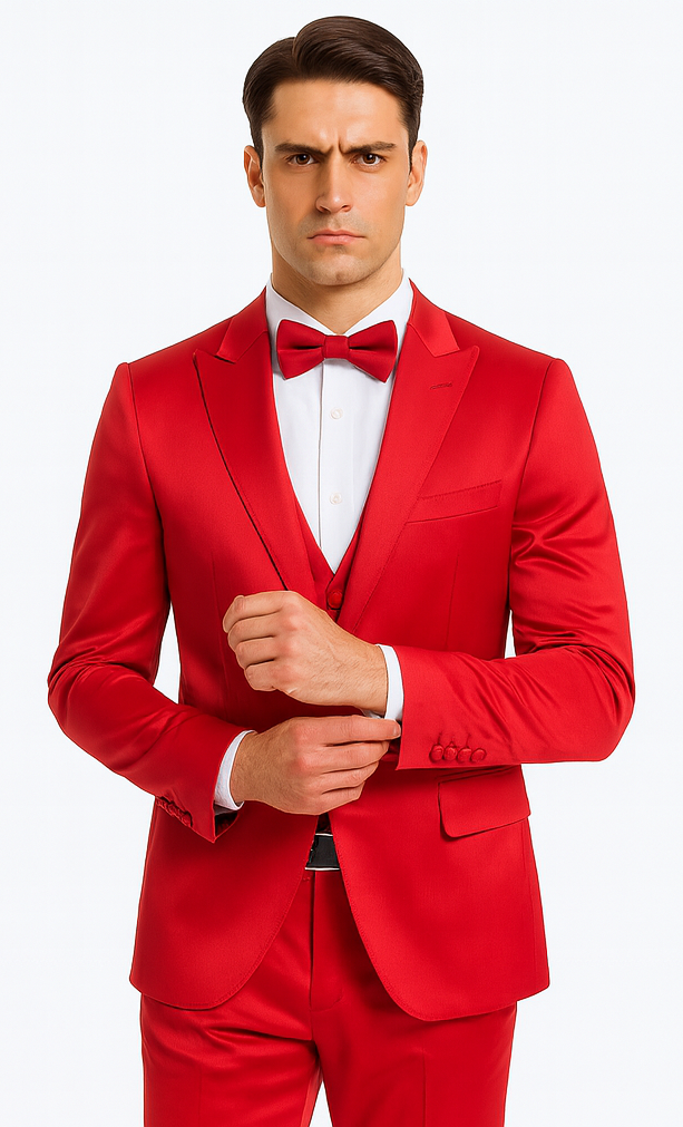 Tazzio Men's Formal Red Satin 3 Piece Slim Fit Suit with Peak Lapel – Modern