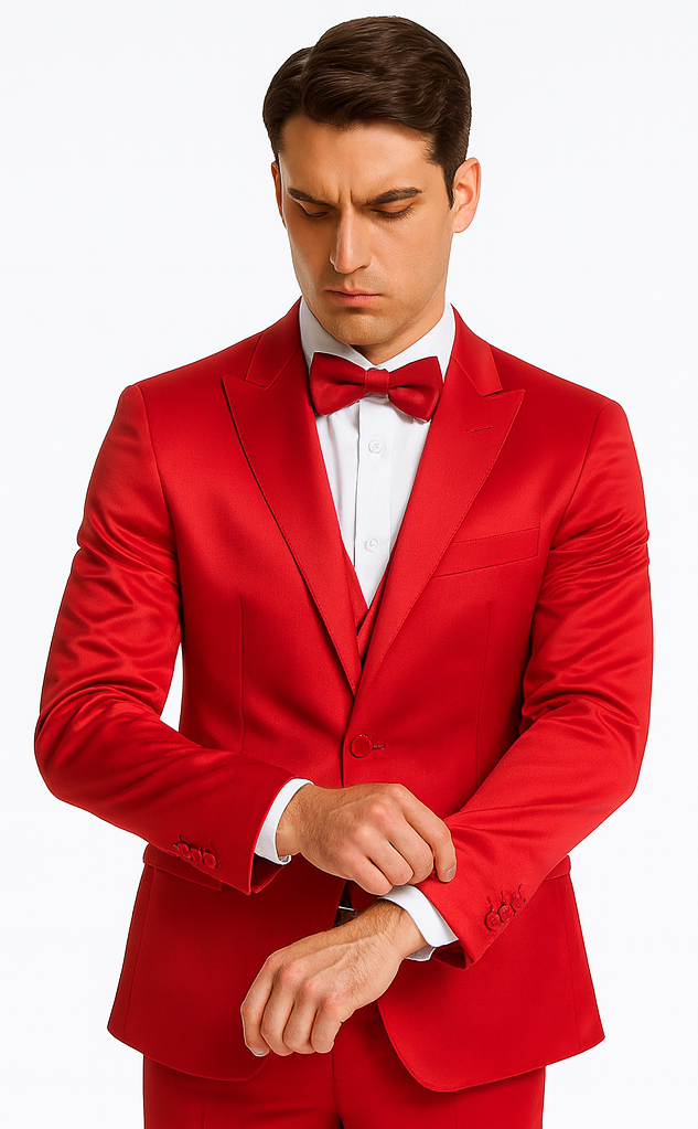 Tazzio Men's Formal Red Satin 3 Piece Slim Fit Suit with Peak Lapel – Modern