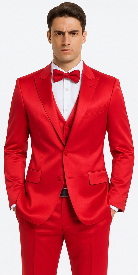 Tazzio Men's Formal Red Satin 3 Piece Slim Fit Suit with Peak Lapel – Modern
