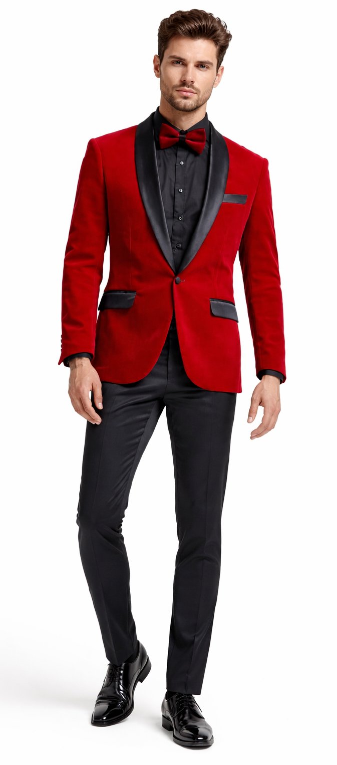 Red Velvet Tuxedo Jacket with Shawl Lapel – Slim Fit
