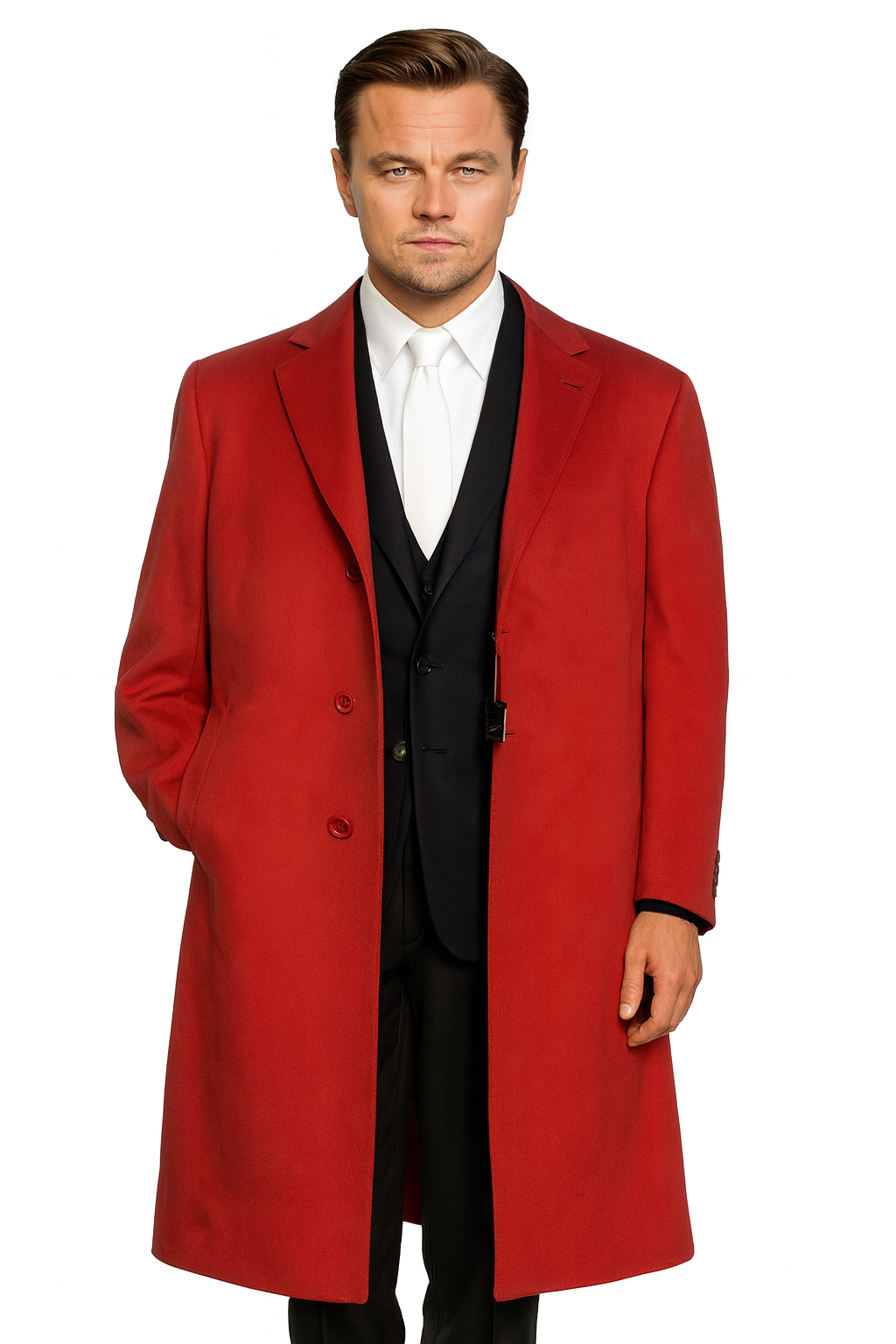 Three-Button Red Wool Dress Overcoat