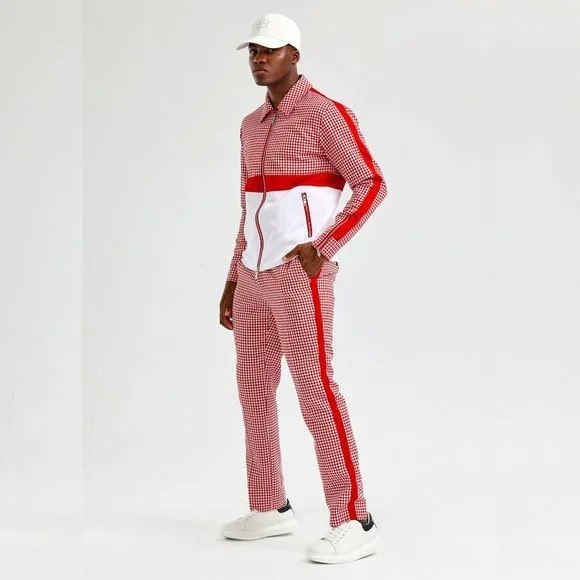 Mens Houndstooth Red 2pc Tracksuit