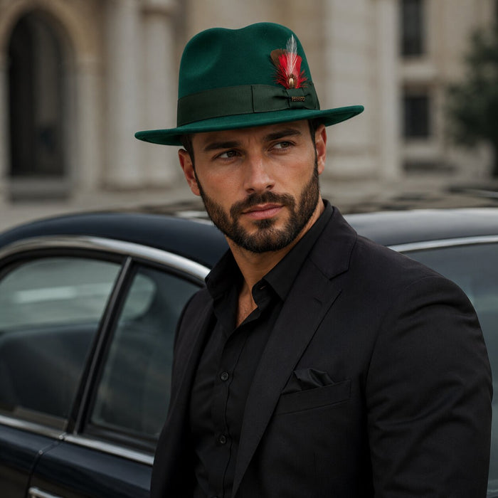 Hunter Green Wool Crushable Fedora with Removable Feather