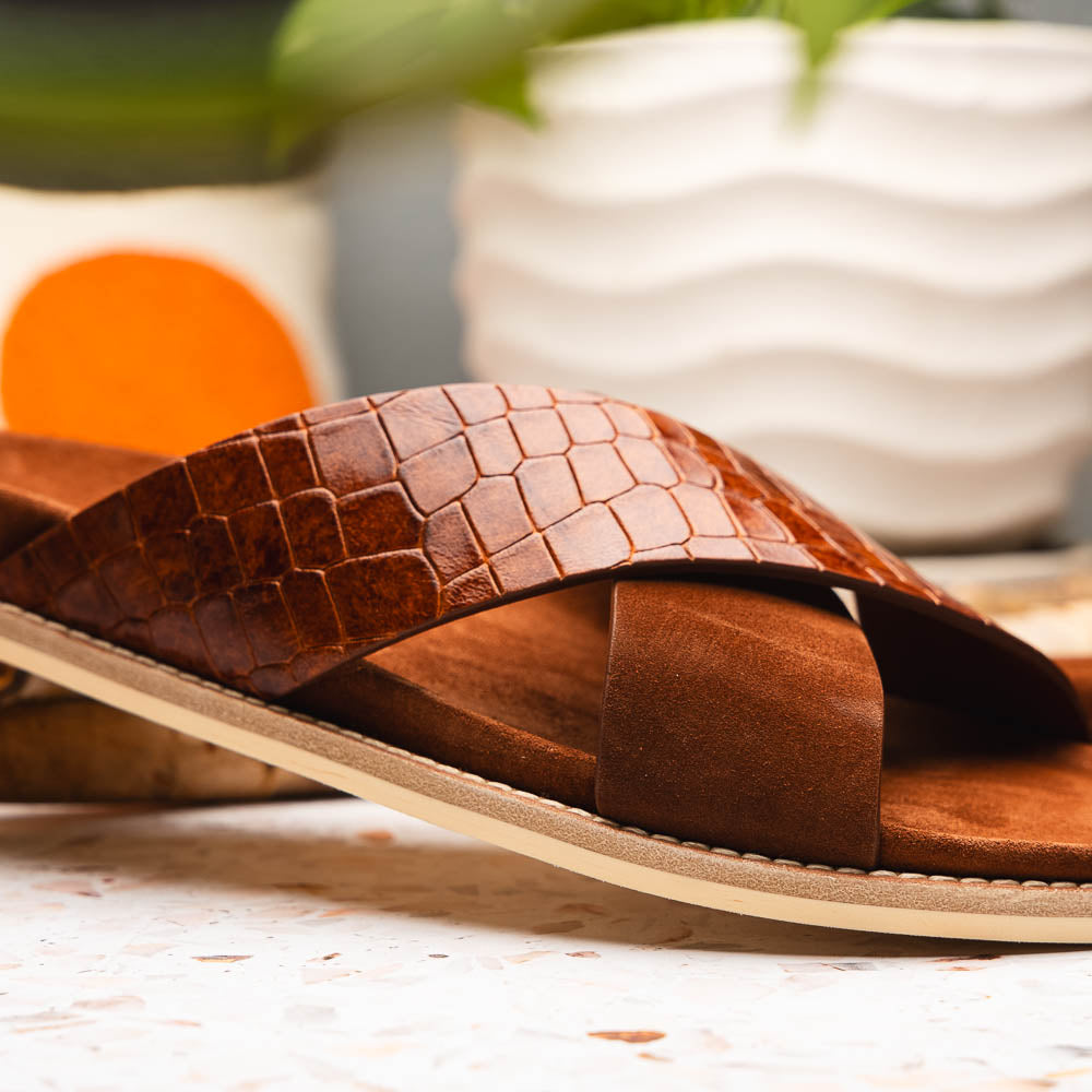 Zelli Rena Sueded Goatskin & Embossed Crocodile Slide in Cognac