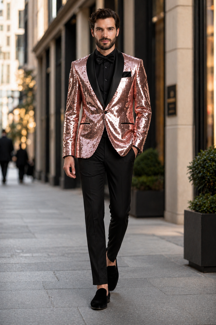Rose Gold Metallic Sequin Stage Tuxedo Suit