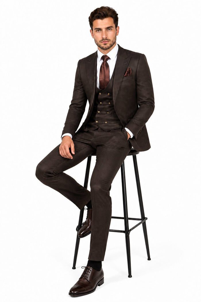 Rossi Man Slim Fit Brown 3 Piece Suit
