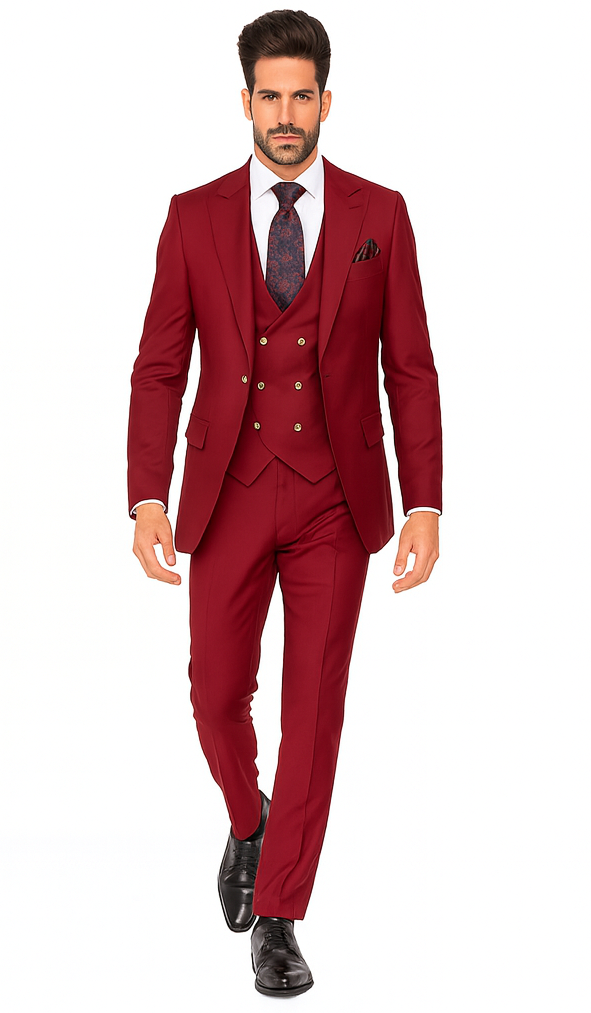 Rossi Man Bond RM1777 Red Slim Fit 3-Piece Suit – Men’s Formalwear