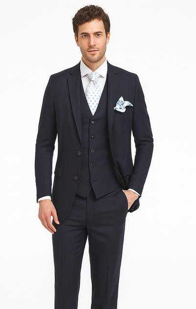 Rossi Man CYRUS RM116 Solid Navy Blue 3-Piece Suit – Men’s Formalwear