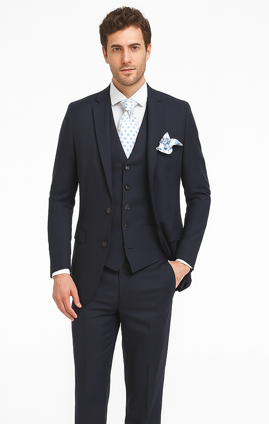 Rossi Man CYRUS RM116 Solid Navy Blue 3-Piece Suit – Men’s Formalwear