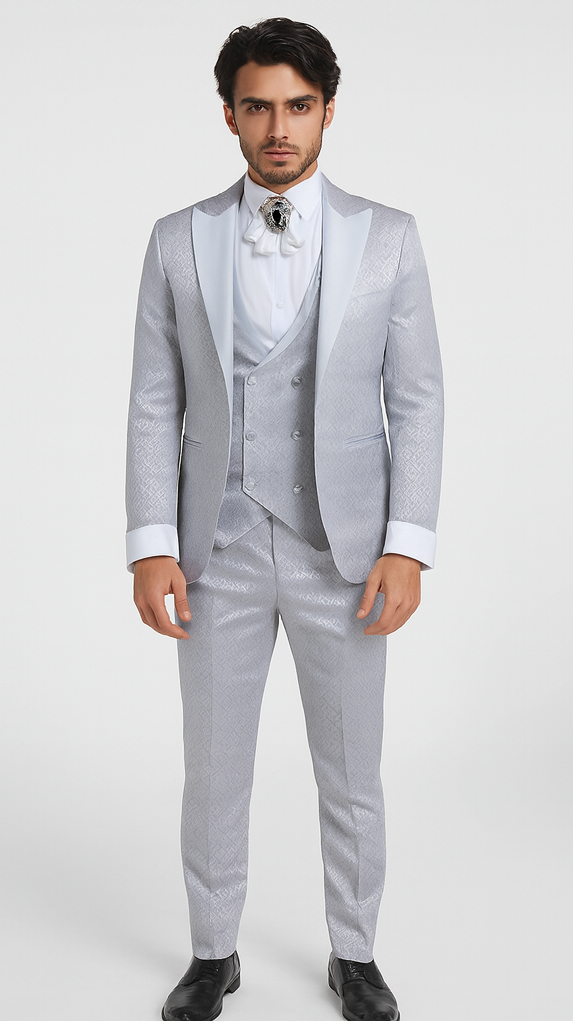 Rossi Man FORD RM1915 Men’s Slim Fit 3-Piece Silver Suit – Modern Formalwear for Events