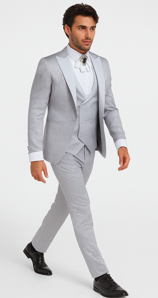 Rossi Man FORD RM1915 Men’s Slim Fit 3-Piece Silver Suit – Modern Formalwear for Events