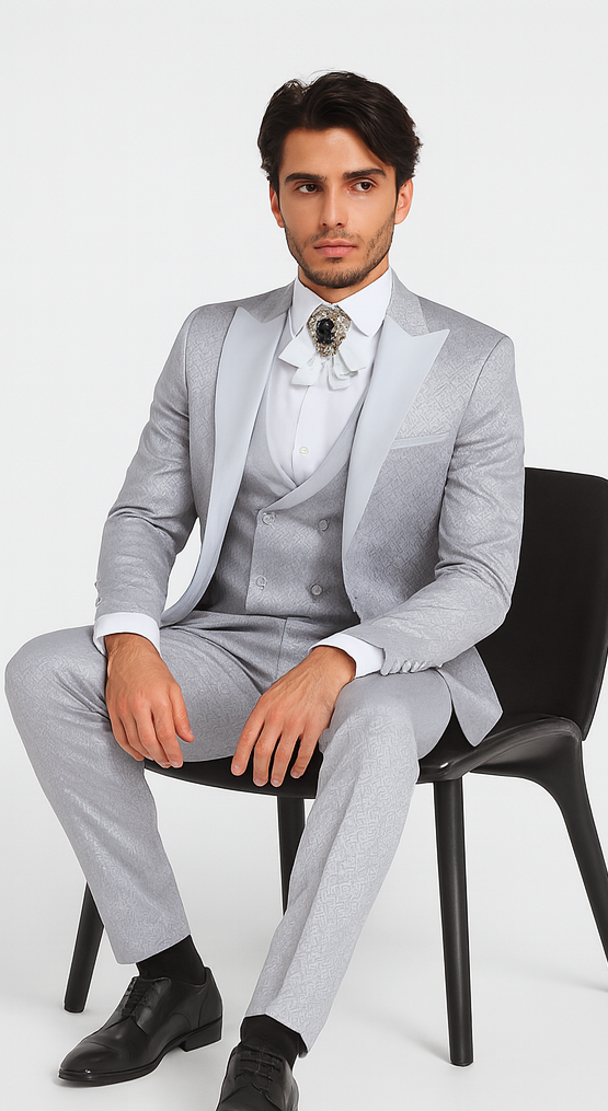 Rossi Man FORD RM1915 Men’s Slim Fit 3-Piece Silver Suit – Modern Formalwear for Events