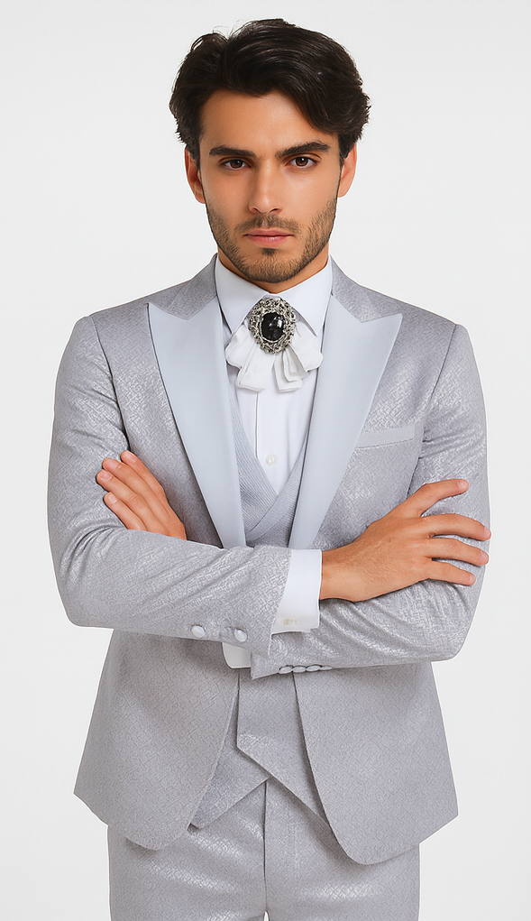 Rossi Man FORD RM1915 Men’s Slim Fit 3-Piece Silver Suit – Modern Formalwear for Events