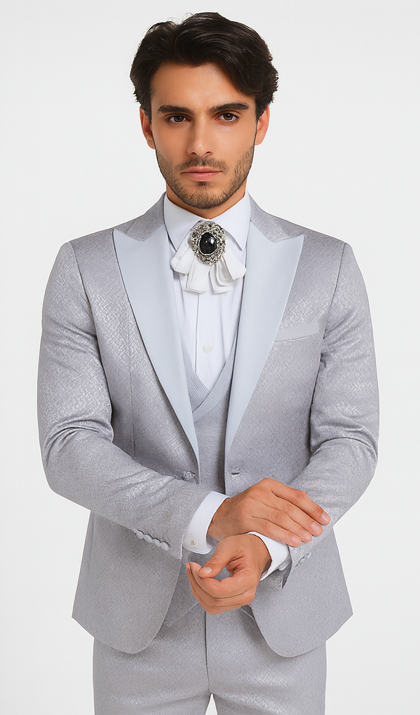 Rossi Man FORD RM1915 Men’s Slim Fit 3-Piece Silver Suit – Modern Formalwear for Events