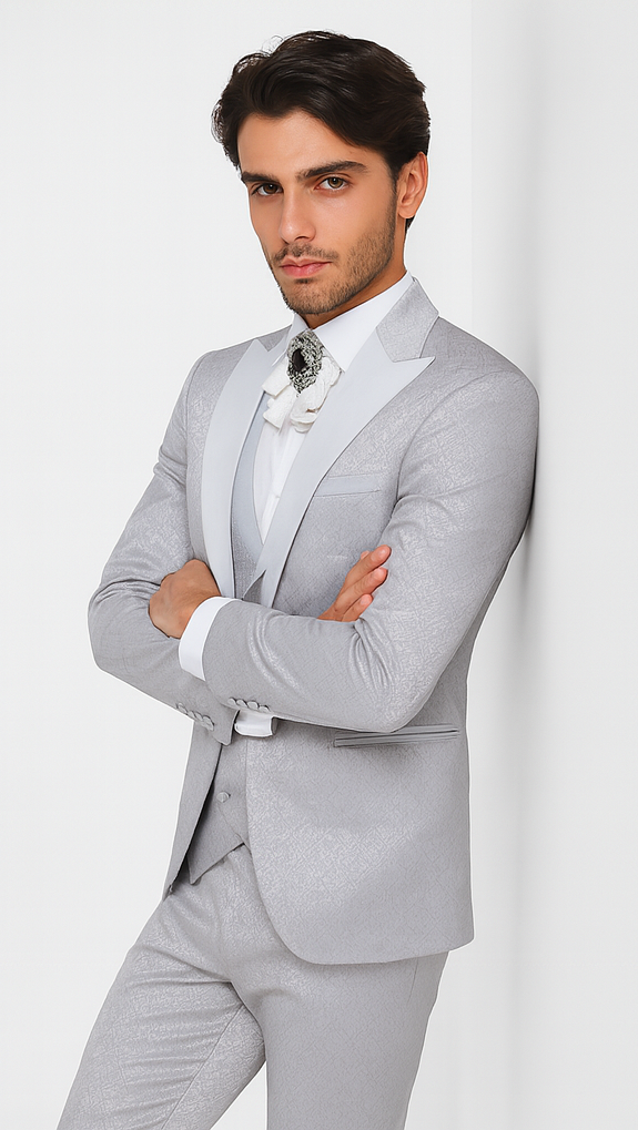 Rossi Man FORD RM1915 Men’s Slim Fit 3-Piece Silver Suit – Modern Formalwear for Events