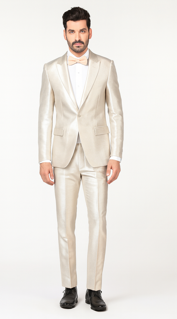 Rossi Man LEO RM1642 Men’s Slim Fit 3-Piece Off-White Shimmer Suit – Formalwear for Special Events Off White / 5XL