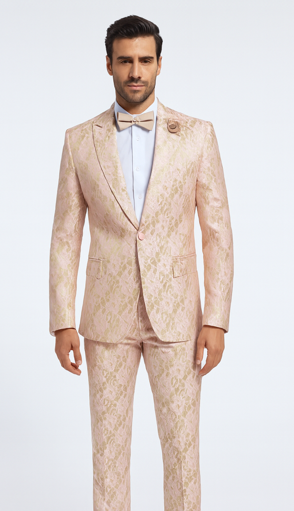 Rossi Man LEO RM1903 Men’s Slim Fit 3-Piece Pink & Gold Designer Tuxedo – Formalwear for Events