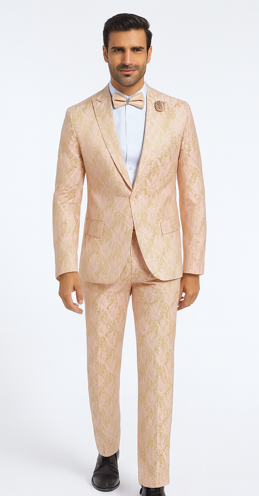 Rossi Man LEO RM1903 Men’s Slim Fit 3-Piece Pink & Gold Designer Tuxedo – Formalwear for Events