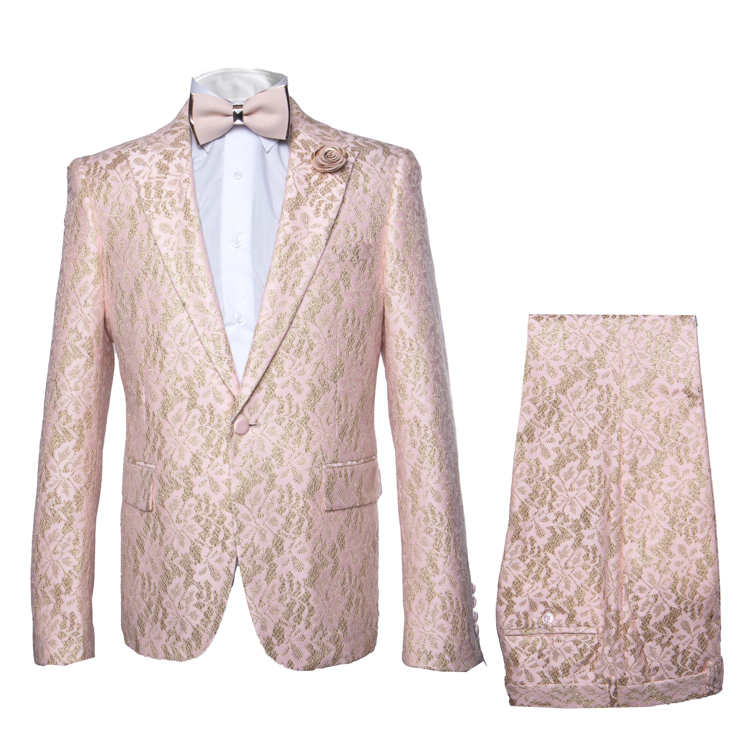 Rossi Man LEO RM1903 Men’s Slim Fit 3-Piece Pink & Gold Designer Tuxedo – Formalwear for Events