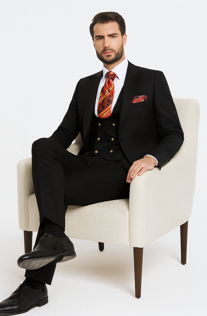 Rossi Man MAX RM1101 Black Slim Fit 3-Piece Suit – Men’s Modern Formalwear
