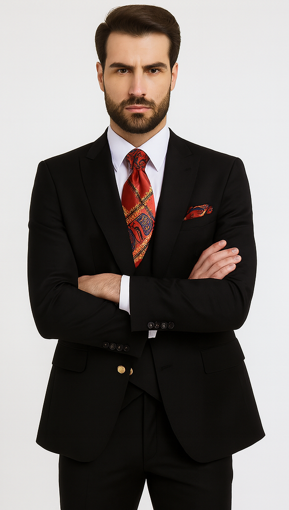 Rossi Man MAX RM1101 Black Slim Fit 3-Piece Suit – Men’s Modern Formalwear