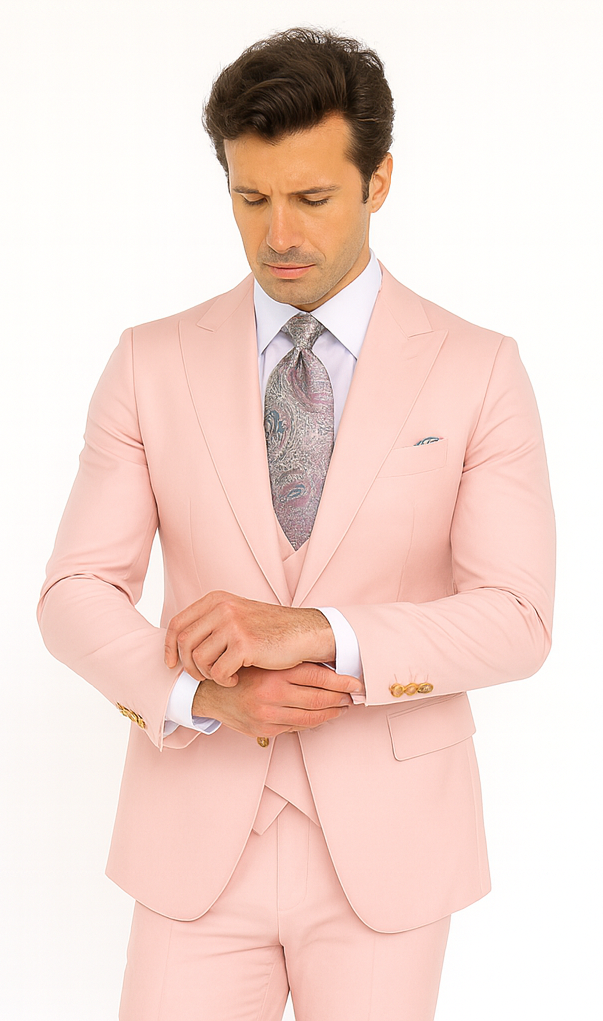 Rossi Man MAX RM1203 Slim Fit 3-Piece Suit – Solid Pink Formalwear for Men
