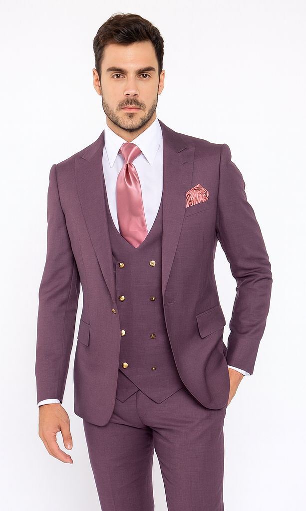 Rossi Man MAX RM1381 Slim Fit 3-Piece Suit – Solid Raspberry Suit for