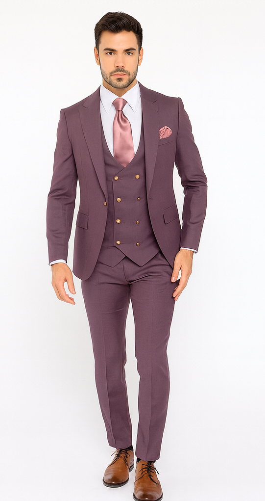Rossi Man MAX RM1381 Slim Fit 3-Piece Suit – Solid Raspberry Suit for Men