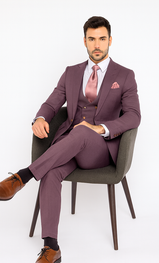 Rossi Man MAX RM1381 Slim Fit 3-Piece Suit – Solid Raspberry Suit for Men