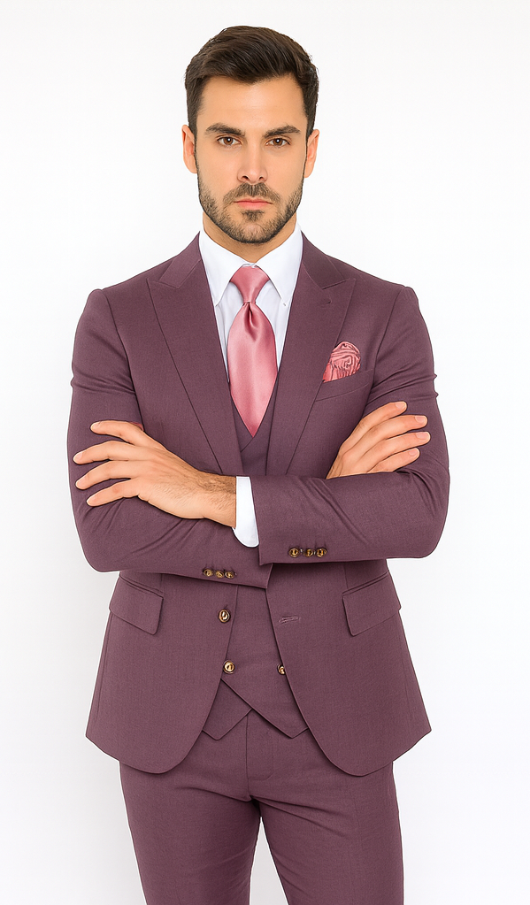 Rossi Man MAX RM1381 Slim Fit 3-Piece Suit – Solid Raspberry Suit for Men