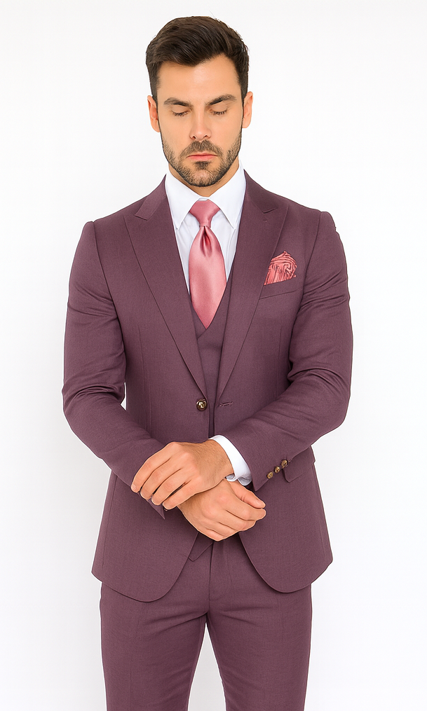 Rossi Man MAX RM1381 Slim Fit 3-Piece Suit – Solid Raspberry Suit for Men