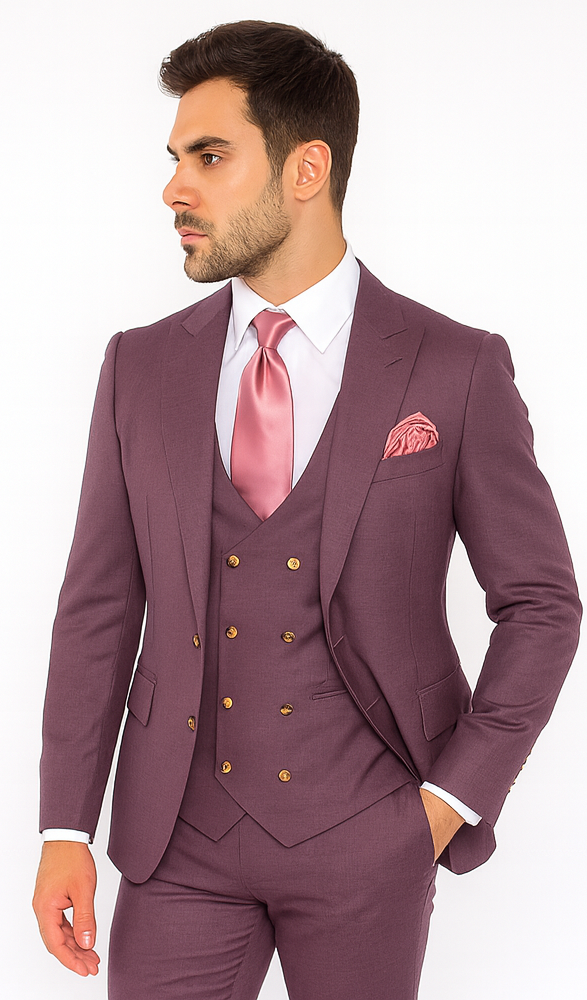 Rossi Man MAX RM1381 Slim Fit 3-Piece Suit – Solid Raspberry Suit for Men