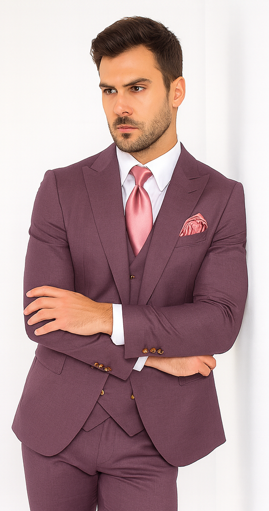 Rossi Man MAX RM1381 Slim Fit 3-Piece Suit – Solid Raspberry Suit for Men