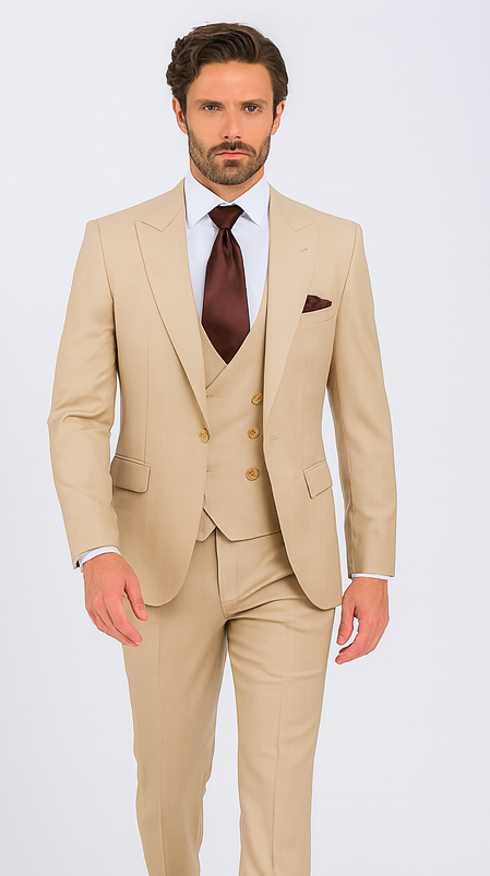 Rossi Man MAX RM1391 Beige Slim Fit 3-Piece Suit - Men’s Modern Formalwear