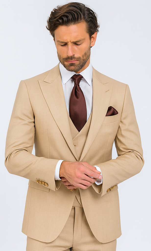 Rossi Man MAX RM1391 Beige Slim Fit 3-Piece Suit - Men’s Modern Formalwear