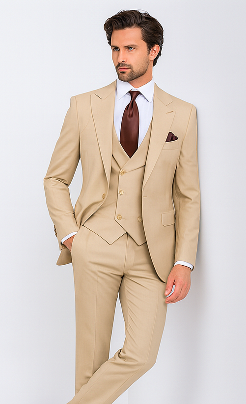 Rossi Man MAX RM1391 Beige Slim Fit 3-Piece Suit - Men’s Modern Formalwear