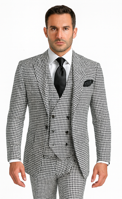 Rossi Man MAX RM1710 Slim Fit 3-Piece Black and White Houndstooth Suit