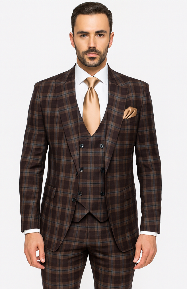 Rossi Man MAX RM1735 Brown Slim Fit 3-Piece Suit – Men’s Modern Formalwear