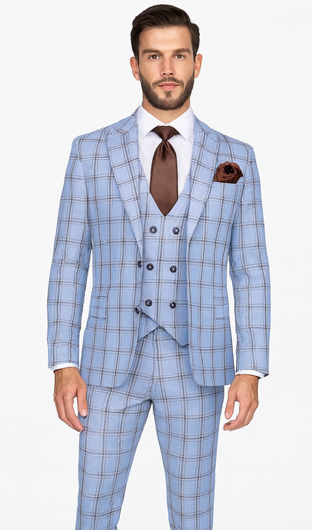 Rossi Man MAX RM1822 Slim Fit 3-Piece Suit – Light Blue & Brown Plaid Formal Suit for Men